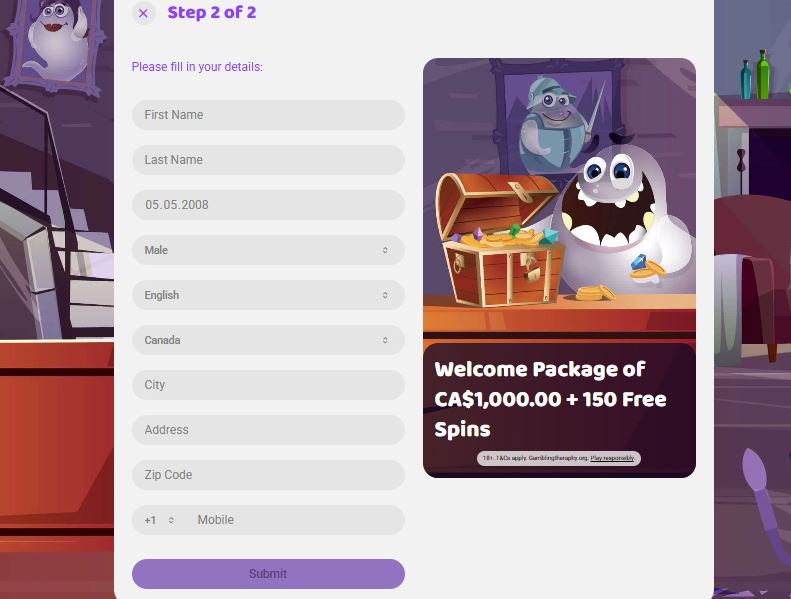 Complete your Boocasino registration by filling in personal details to claim the welcome bonus